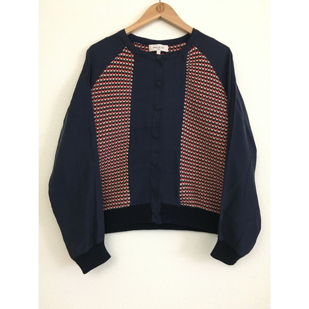Paul & Joe Paris Navy Silk Cotton Knit Panel Cardigan Jacket Size 2 / Medium